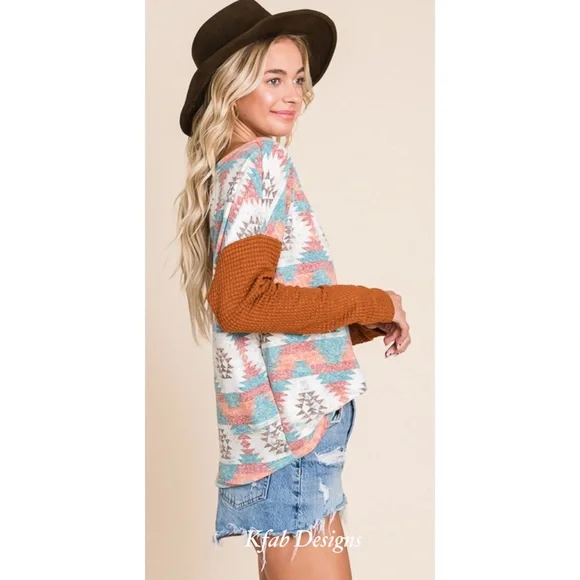 ❤️LAST! Color Block Thermal Aztec Print Relaxed Fit Top! - Picture 7 of 9